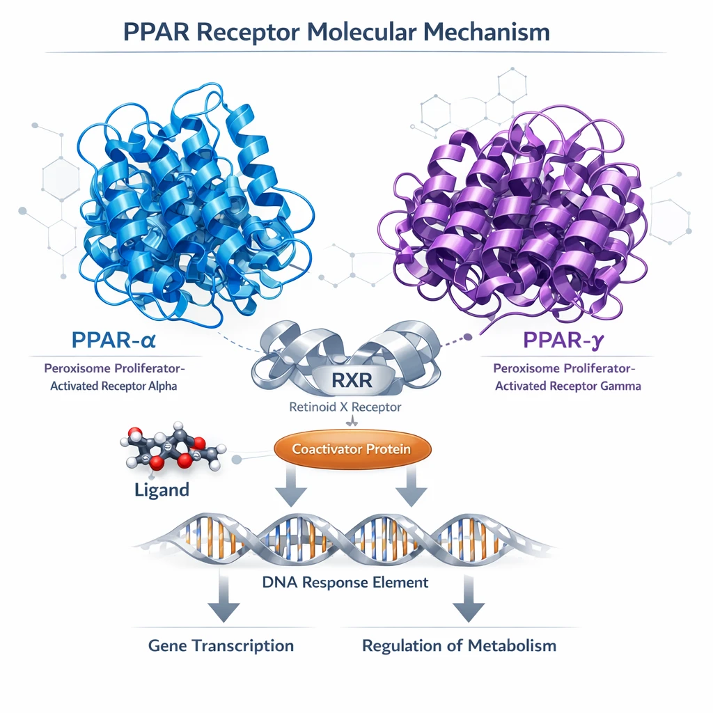 3D molecular structure showing PPAR alpha and gamma receptors